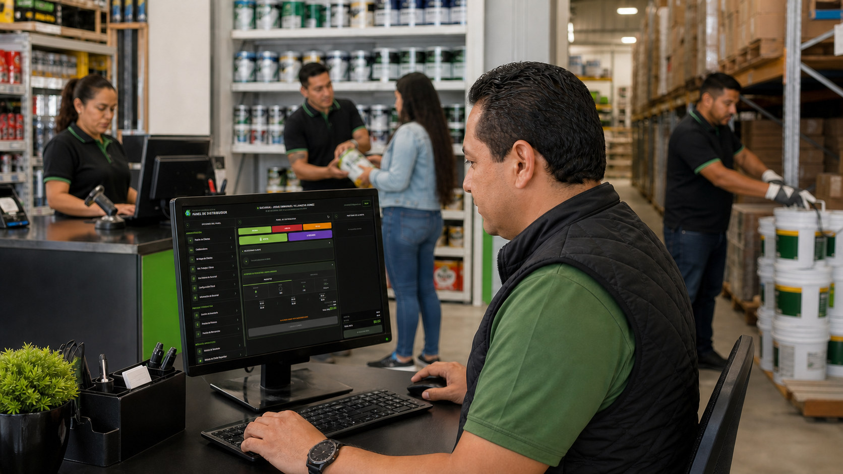 Administrador supervisando colaboradores y operaciones desde el Panel de Distribuidor