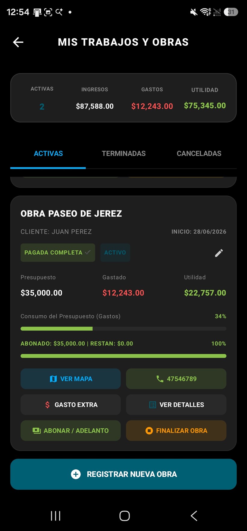 Pantalla Mis trabajos y obras de la aplicación EHCOPAINT