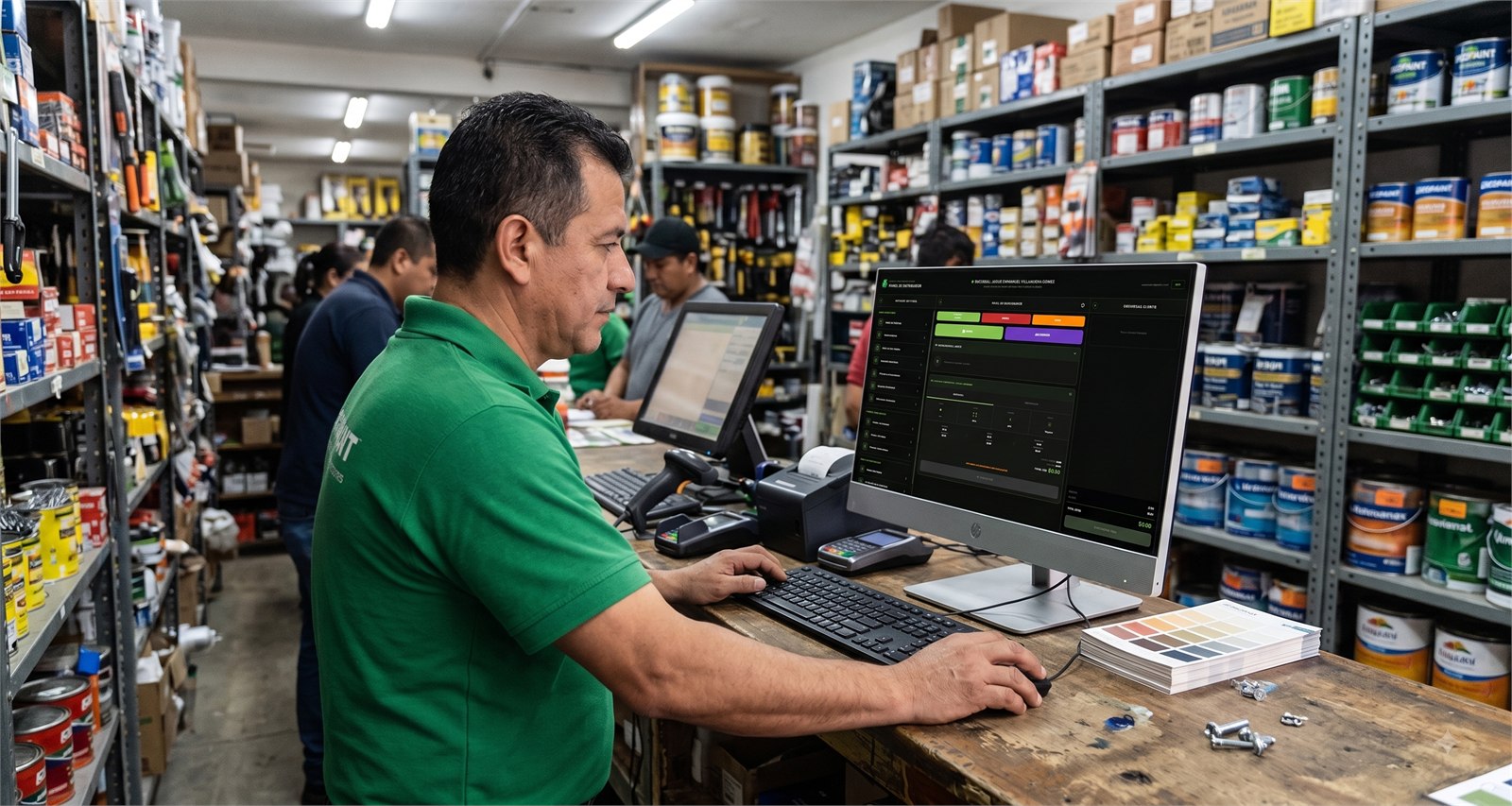 Panel de Distribuidor EHCOPAINT operando en el mostrador de una ferretería
